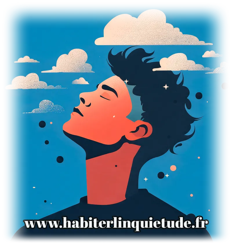 Illustration : un homme, les yeux fermés, le visage levé vers le ciel, entouré de nuages et de petites étoiles.